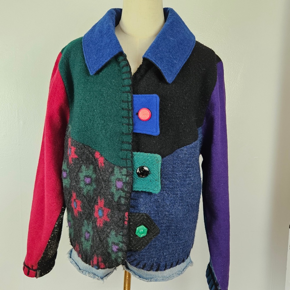 OOAK BaabaaZuzu Patchwork Upcycled‎ Wool Regular Jacket L Burgundy Black Blue